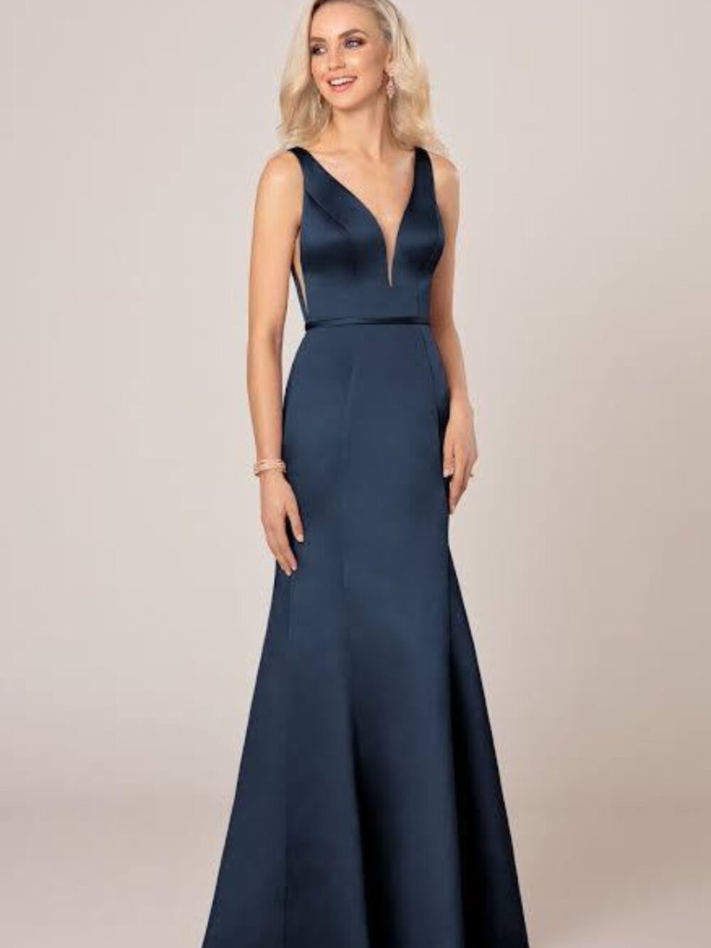 Sorella Vita Navy Satin Gown | Illusion Plunge | Formal Evening Dress Sz 14